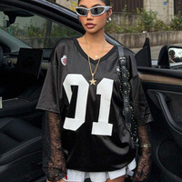 New fashion street style lace stitching print sports jersey loose T-shirt - Thumbnail 1