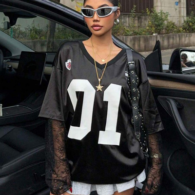 New fashion street style lace stitching print sports jersey loose t-shirt