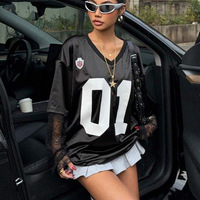 New fashion street style lace stitching print sports jersey loose T-shirt - Thumbnail 4