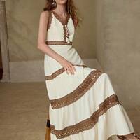 Lace-Embellished V-Neck Sleeveless Maxi Dress - Thumbnail 1