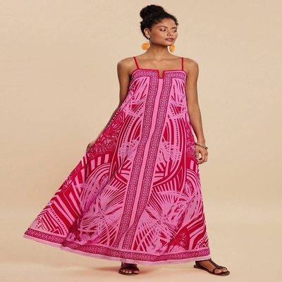 Pink printed spaghetti strap suspender dress
