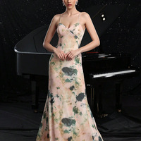Floral print spaghetti strap Fishtail evening gown - Thumbnail 1