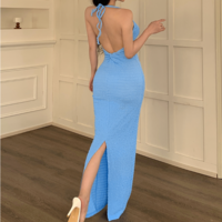 Blue Halter Sleeveless Fitted Dress - Thumbnail 4