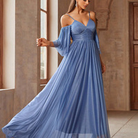 Elegant blue off-shoulder evening dress - Thumbnail 2