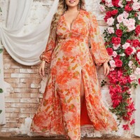 Plus size women's floral chiffon dress elegant holiday style long dress - Thumbnail 1