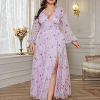 Plus size women's floral chiffon dress elegant holiday style long dress - Thumbnail 5