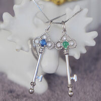 Natural Emerald Key Shape Pendant 925 Sterling Silver Pendant Exquisite Pendant Natural Zambian Emerald Cab - Thumbnail 1