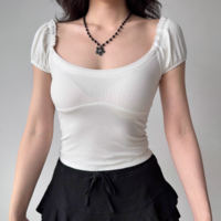 Simple Puff Sleeve U Neck Short Sleeve T-Shirt - Thumbnail 1
