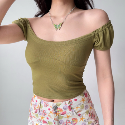 Simple puff sleeve u neck short sleeve t-shirt - Thumbnail 1