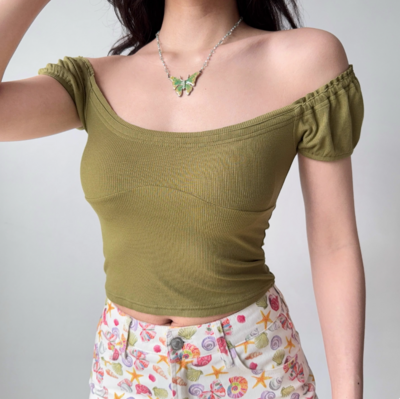 Simple Puff Sleeve U Neck Short Sleeve T-Shirt