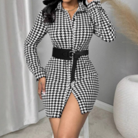 Fashion Thousand Bird Grid Tight Long Sleeve Dress - Thumbnail 2