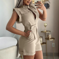 Solid Color Zipper Pocket Design Jumpsuit - Thumbnail 2