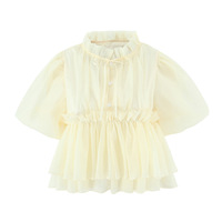 Square collar flower sleeves tie short sleeves casual baby doll blouse - Thumbnail 1