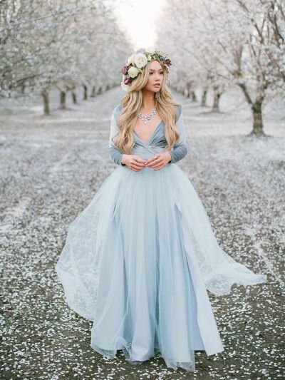 Blue Bohemian Wedding Dress Long Sleeve Bridal Gowns，1916