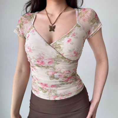 Retro cross v-neck low-cut mesh short-sleeved t-shirt