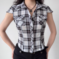 Retro lapel straight shoulder short sleeve plaid shirt - Thumbnail 1