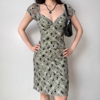 Flocked Plaid Short Sleeve T-Shirt Hip Skirt Set - Thumbnail 1