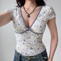Sexy Deep V Neck Short Sleeve Printed Lace T-Shirt - Thumbnail 2