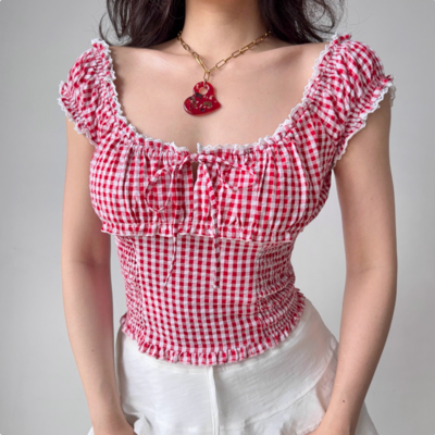 Retro square neck puff sleeve plaid shirt