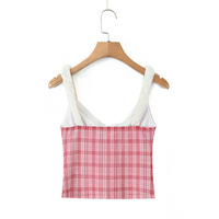 V-neck 3D flower-decorated pink and white checkered camisole top - Thumbnail 1