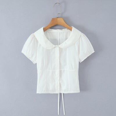 White short-sleeved babydoll collar shirt for women with puff sleeves