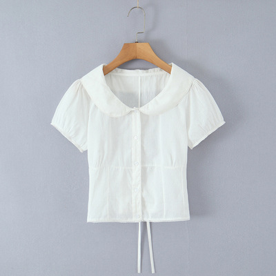 White short-sleeved babydoll collar shirt for women with puff sleeves