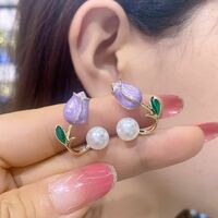 French Tulip Flower Stud Earrings Imitation Pearl Earrings for women Jewelry Party Gift - Thumbnail 1