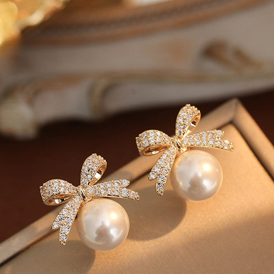 Elegant rhinestone bowknot ball earring for women girls party jewelry gift