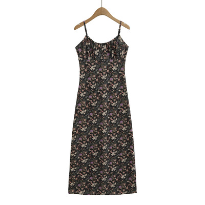 Versatile French retro high waist floral suspender dress
