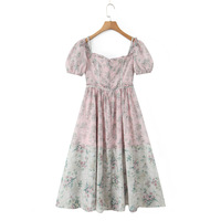Square Neck Pink Floral Chiffon Short Sleeve Midi Dress Maxi Dress - Thumbnail 1