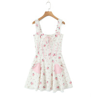 Bow Heart Pocket Herringbone Waist Rose Print Dress - Thumbnail 2