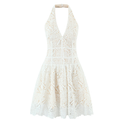 V-neck lace hook embroidery elegant halterneck dress