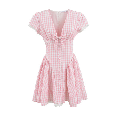 Pink plaid bow lace dress