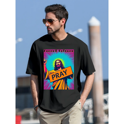 Black jesus holding sign pray unisex short sleeve o -neck pop art short sleeve o -neck t-shirt 