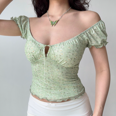 Sexy hollow floral t-shirt women's summer puff sleeve u-neck top