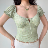 Sexy hollow floral T-shirt women's summer puff sleeve U-neck top - Thumbnail 1
