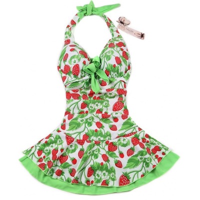  green vintage strawberry print halter swimsuit, strawberry one piece swimsuit,strawberry bikini swimwear