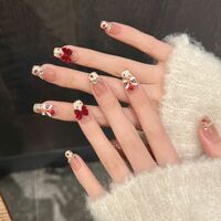 New Year Heart Cat Eye Fake Nails Red Bow Pearl Nail Art - Thumbnail 3