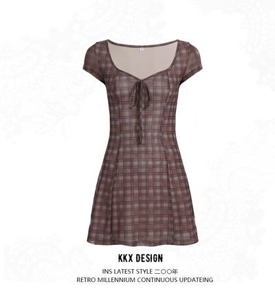V-neck tie mesh short-sleeved dress