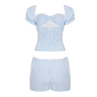 One-shoulder lace wave collar striped top low waist straight shorts sweet girl casual suit - Thumbnail 2
