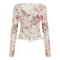 V-neck tie cardigan see-through mesh retro floral blouse - Thumbnail 1
