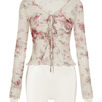 V-neck tie cardigan see-through mesh retro floral blouse - Thumbnail 4