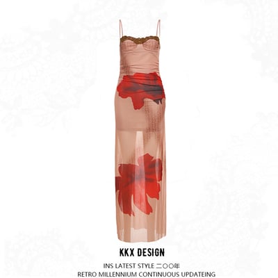Plant print slim fit sleeveless backless slim color matching lace suspender long dress