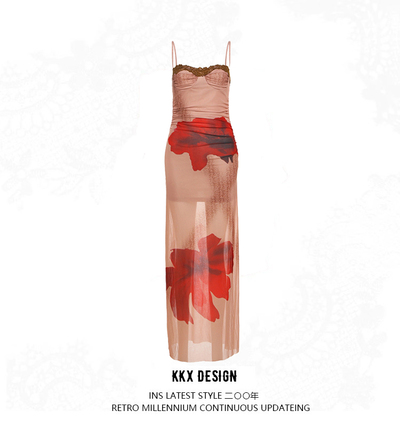Plant print slim fit sleeveless backless slim color matching lace suspender long dress