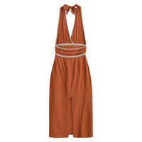 Street Fashion Embroidered Midi Halter Neck Dress - Thumbnail 1