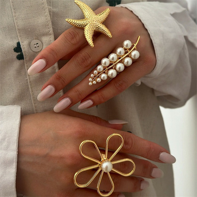 Women Summer Exaggerated Metal Ring Ocean Style Ring Light Luxury Temperament Party Jewelry Gift