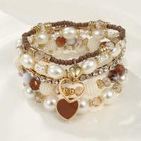 Multi piece Bracelet Pearl Handmade Beaded Women's Bohemian Fashion Peach Heart Bracelet - Thumbnail 3