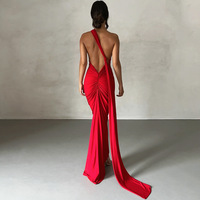 Summer new sexy backless pleated slim fit solid color sleeveless temperament dress - Thumbnail 2