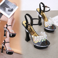 Women's Summer Waterproof Platform Glass Diamond Slope Heel Slippers - Thumbnail 3