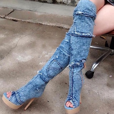 Denim splicing long boots